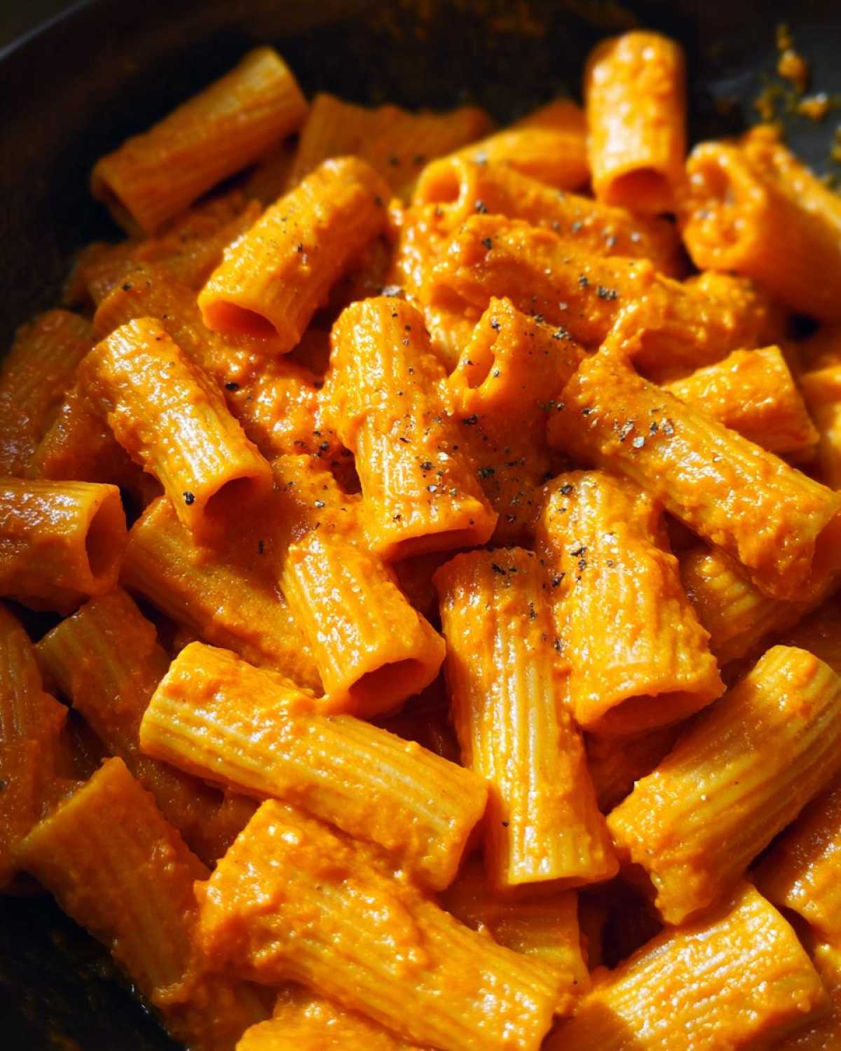 Close-up of rigatoni pasta generously coated in creamy orange butternut squash pasta sauce, topped with cracked black pepper.