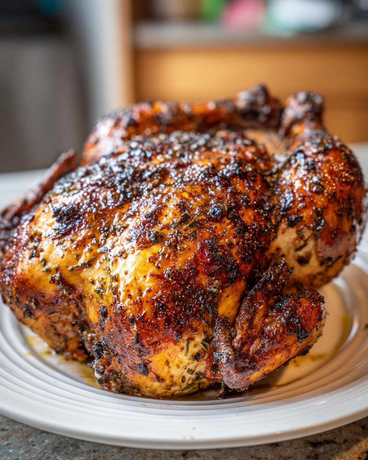 Close-up of a whole, perfectly roasted spatchcock chicken with dark, glossy, herb-crusted skin resting on a white plate.