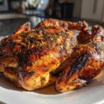 A beautifully roasted spatchcock chicken with golden-brown, herbed, and crispy skin resting on a white plate.