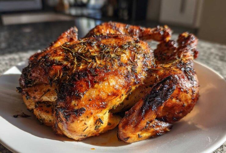 A beautifully roasted spatchcock chicken with golden-brown, herbed, and crispy skin resting on a white plate.