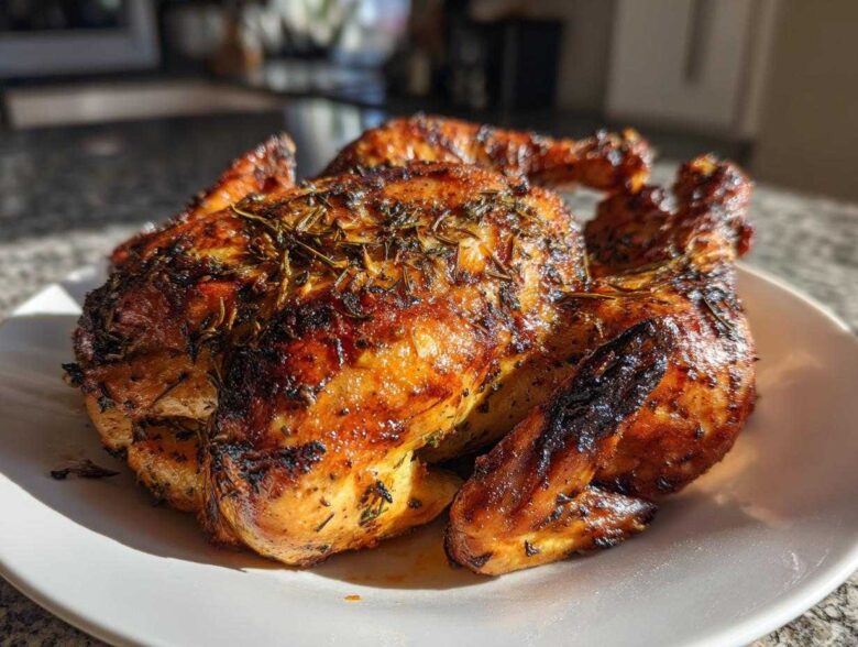 A beautifully roasted spatchcock chicken with golden-brown, herbed, and crispy skin resting on a white plate.