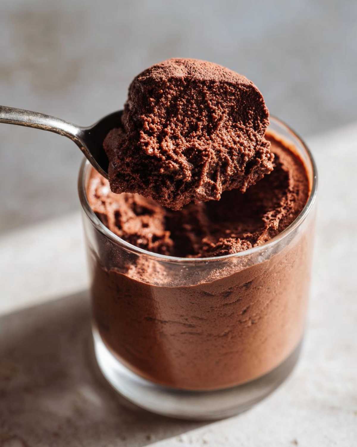 A spoonful of rich, airy chocolate mousse being lifted from a glass serving cup.