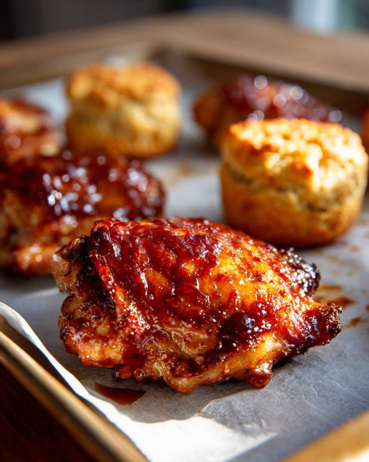 A close-up of a glistening Sheet Pan BBQ Chicken Thighs glazed with sauce, next to golden cornbread biscuits.
