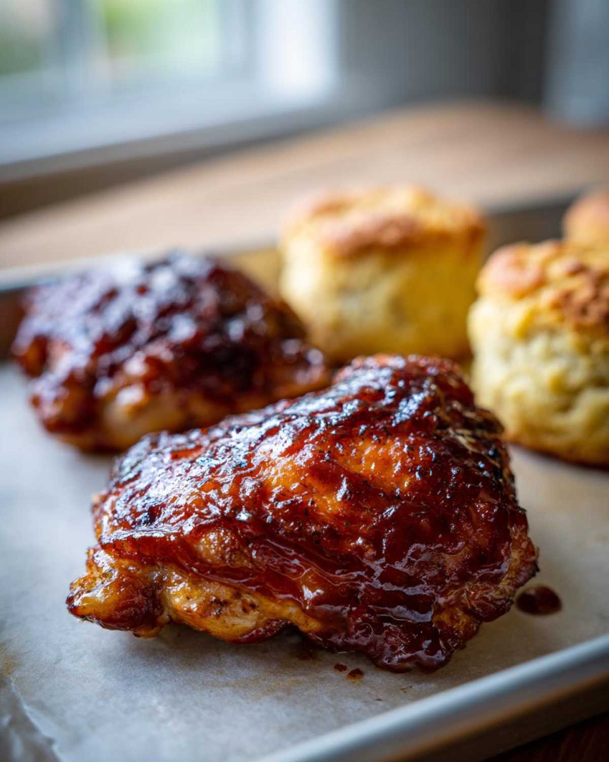 Close-up of sticky, glazed Sheet Pan BBQ Chicken Thighs next to golden cornbread biscuits on a baking sheet.