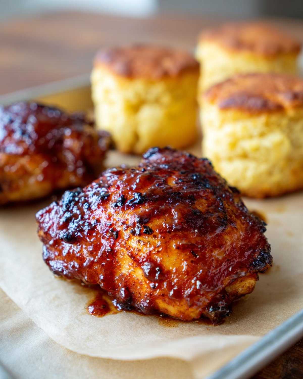 Close-up of a glazed Sheet Pan BBQ Chicken Thighs resting next to golden cornbread biscuits.