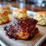 Close-up of a juicy Sheet Pan BBQ Chicken Thigh covered in rich sauce next to cornbread biscuits.