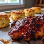 Close-up of glazed Sheet Pan BBQ Chicken Thighs next to golden cornbread biscuits on a baking sheet.