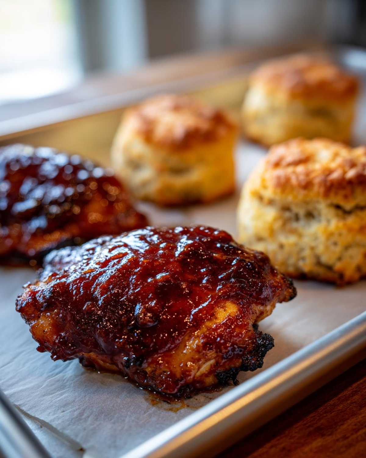 Close-up of glazed Sheet Pan BBQ Chicken Thighs next to golden Cornbread Biscuits on a baking sheet.