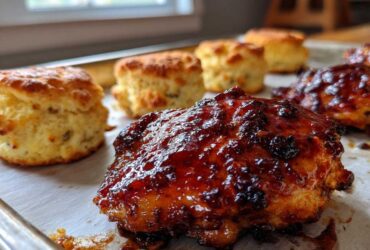 Close-up of glazed Sheet Pan BBQ Chicken Thighs next to golden cornbread biscuits on a baking sheet.