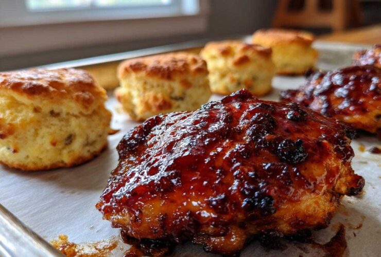 Close-up of glazed Sheet Pan BBQ Chicken Thighs next to golden cornbread biscuits on a baking sheet.