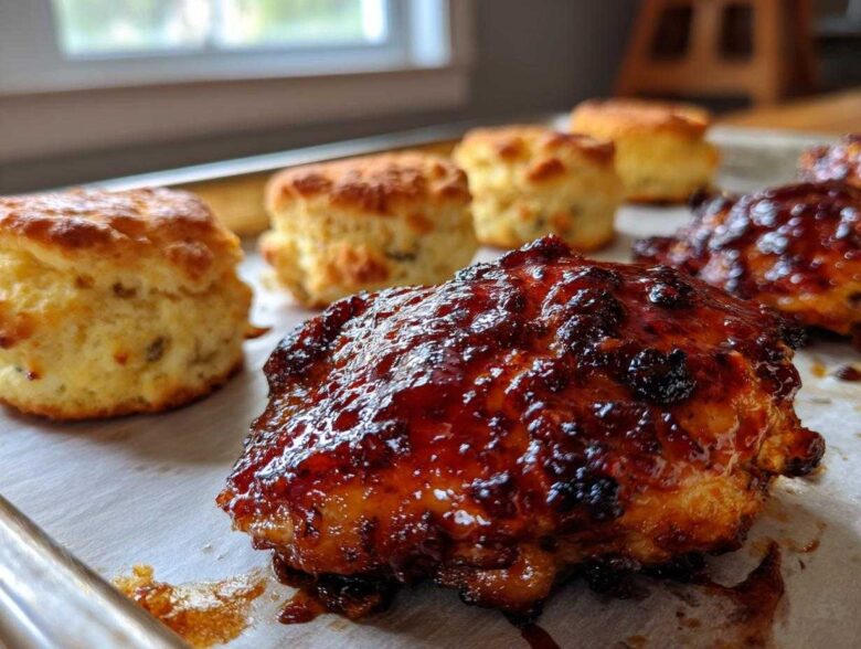 Close-up of glazed Sheet Pan BBQ Chicken Thighs next to golden cornbread biscuits on a baking sheet.