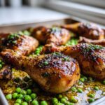 Close-up of glossy, roasted Sheet Pan Lemon Garlic Butter Chicken Legs resting on a bed of bright green peas.