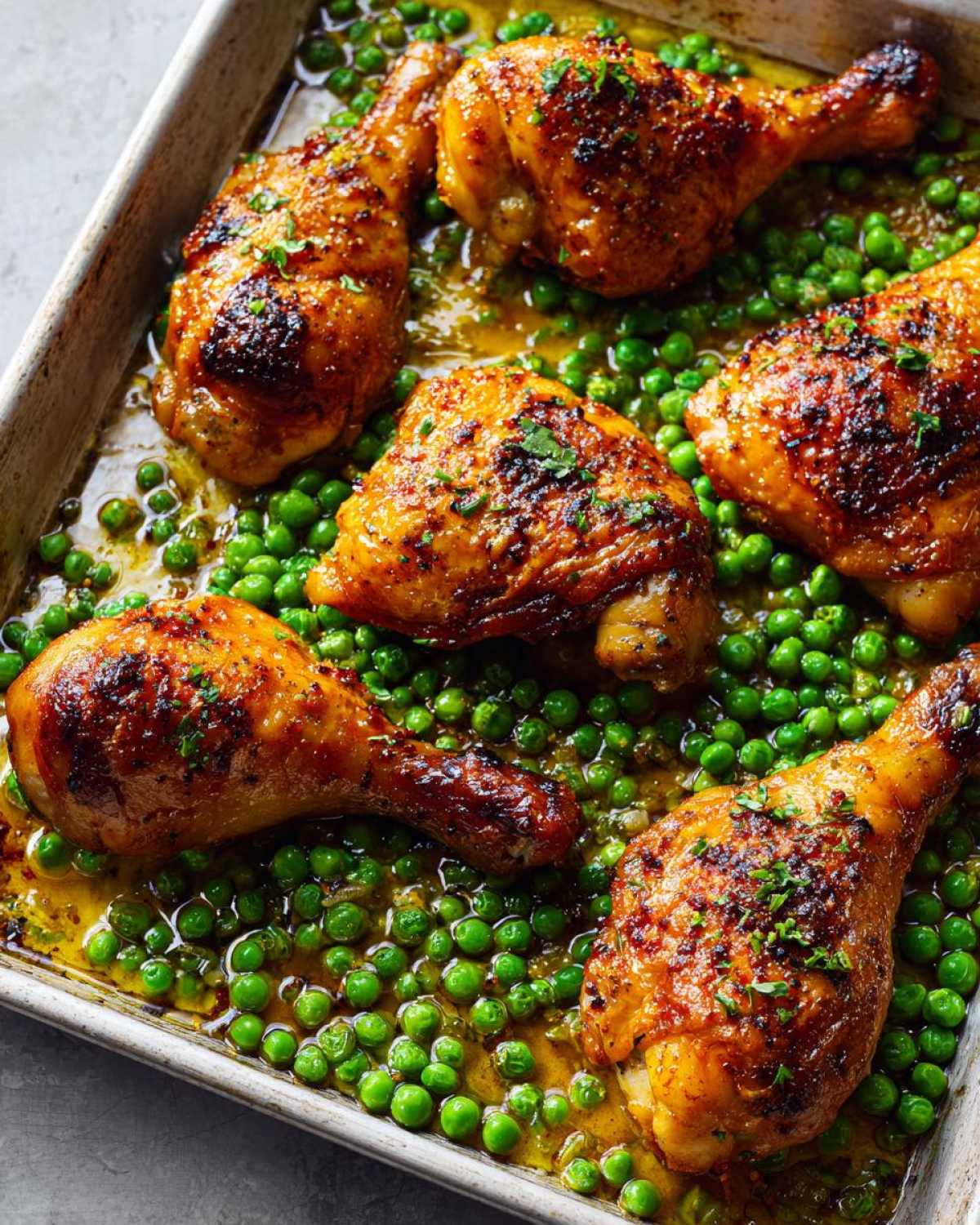 Five crispy Sheet Pan Lemon Garlic Butter Chicken Legs resting on a bed of bright green peas in a baking pan.
