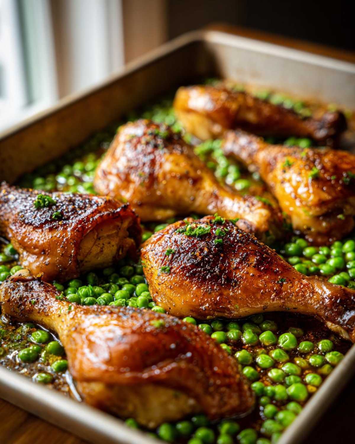Five glistening Sheet Pan Lemon Garlic Butter Chicken Legs resting on a bed of bright green peas in a baking pan.