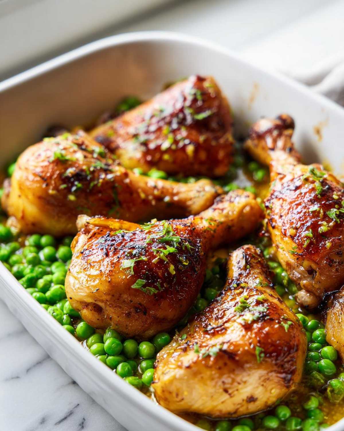 Close-up of glossy, baked Sheet Pan Lemon Garlic Butter Chicken Legs resting on a bed of bright green peas.