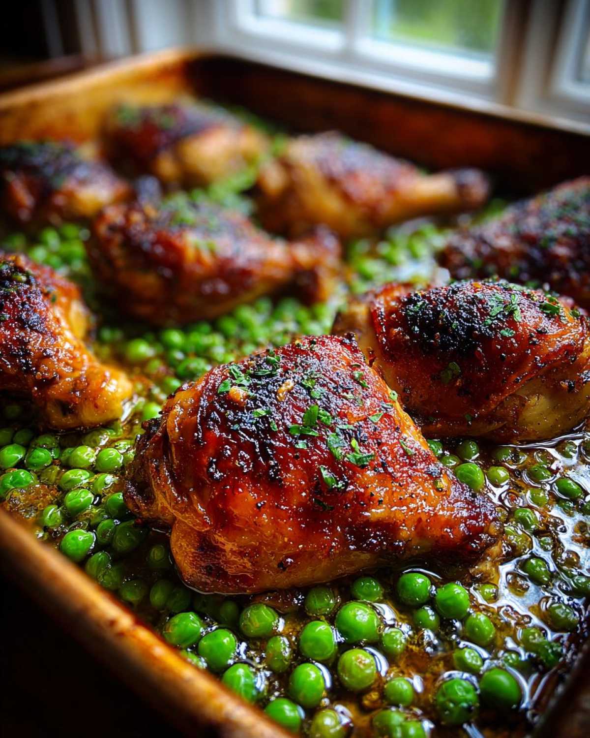 Close-up of caramelized Sheet Pan Lemon Garlic Butter Chicken Legs resting on a bed of bright green peas in a baking pan.