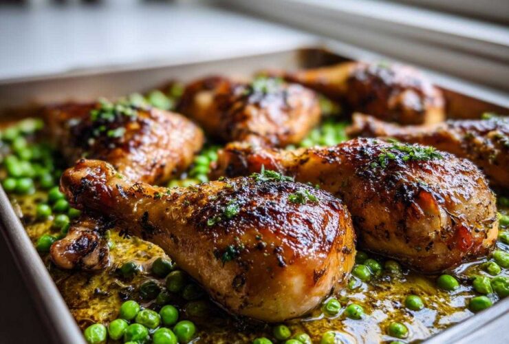 Close-up of glossy, roasted Sheet Pan Lemon Garlic Butter Chicken Legs resting on a bed of bright green peas.