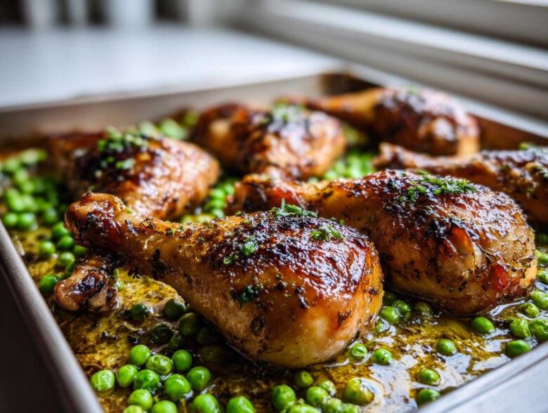 Close-up of glossy, roasted Sheet Pan Lemon Garlic Butter Chicken Legs resting on a bed of bright green peas.