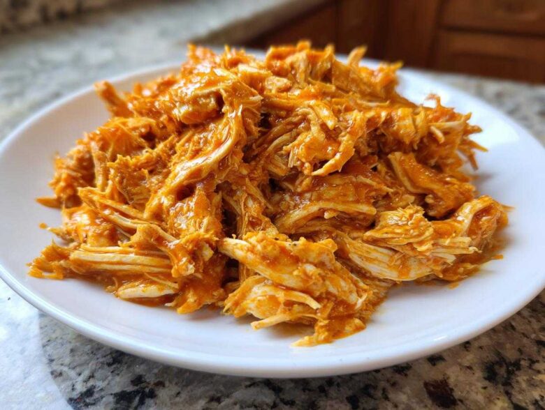A close-up of moist, shredded buffalo chicken coated in bright orange sauce piled on a white plate.