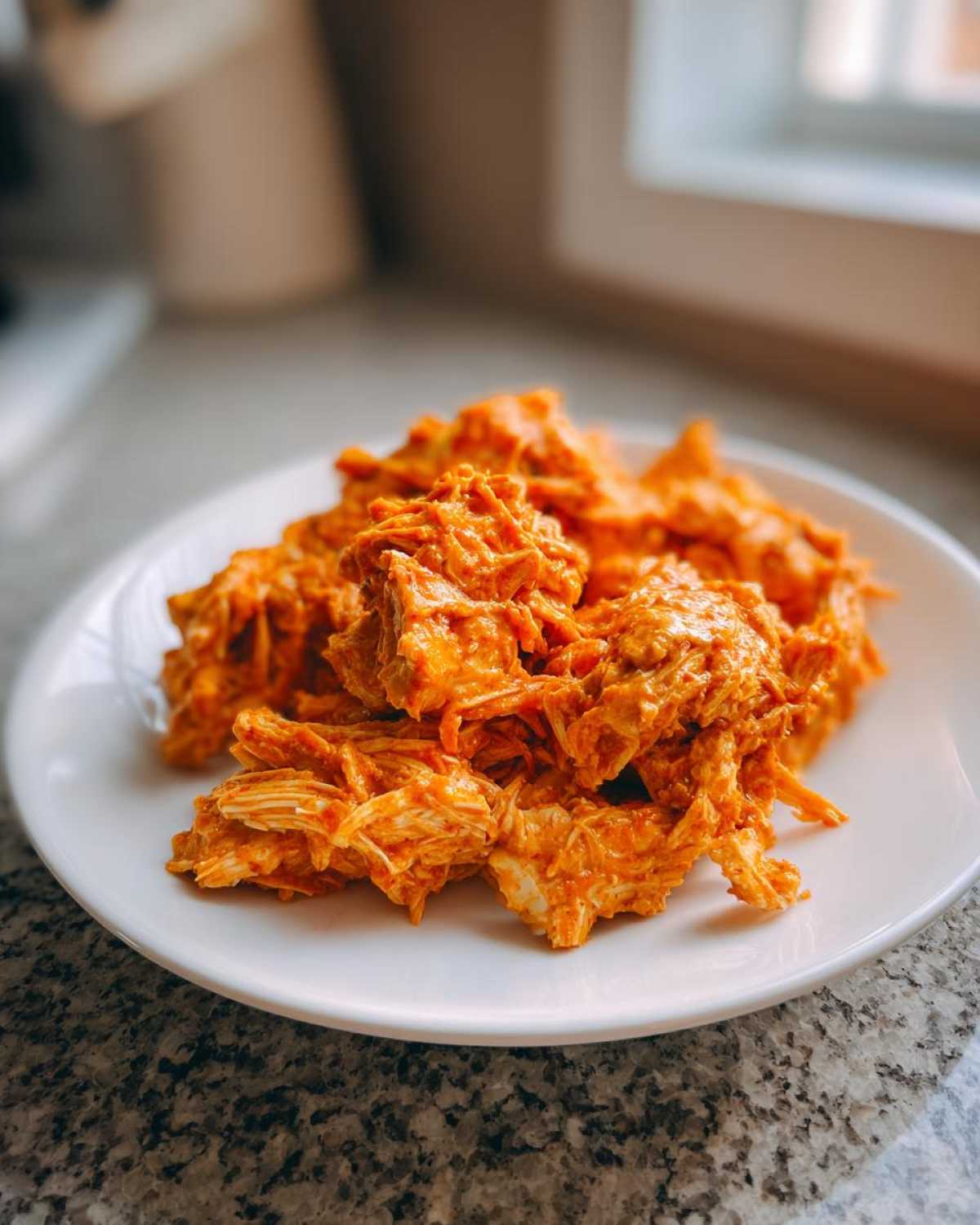 Close-up of shredded buffalo chicken mixture coated in bright orange sauce served on a small white plate.