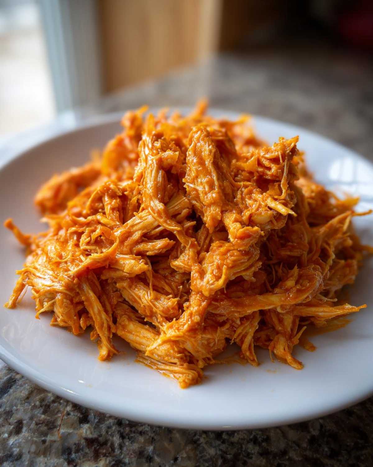 A close-up of shredded buffalo chicken coated in vibrant orange sauce piled high on a white plate.