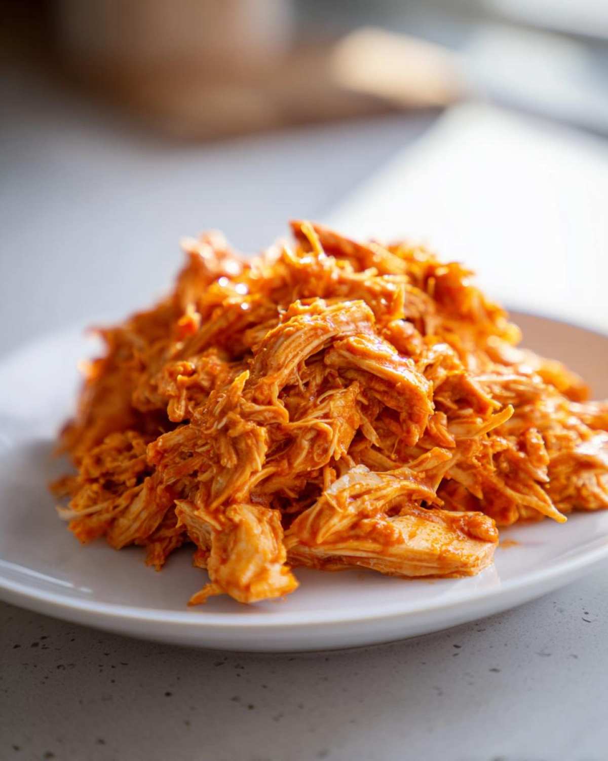 Close-up of a mound of saucy, shredded buffalo chicken piled high on a white plate.