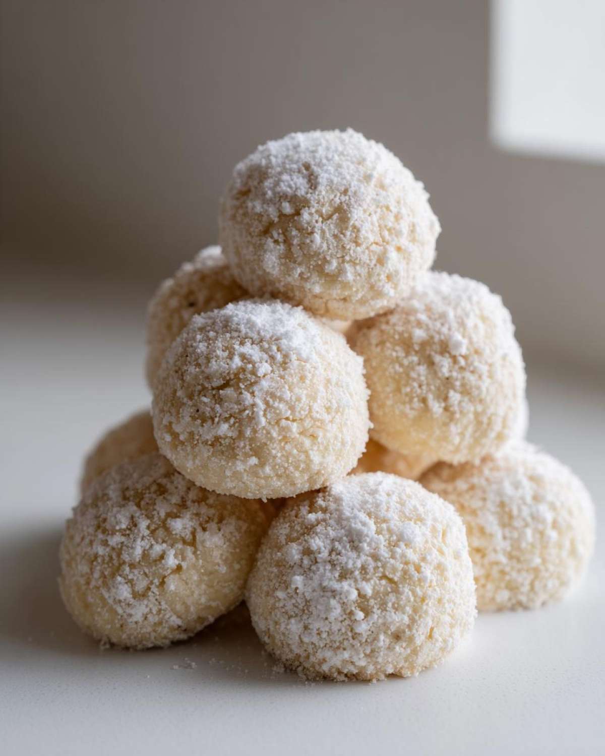 A stack of soft, round cool whip cookies generously dusted with powdered sugar.