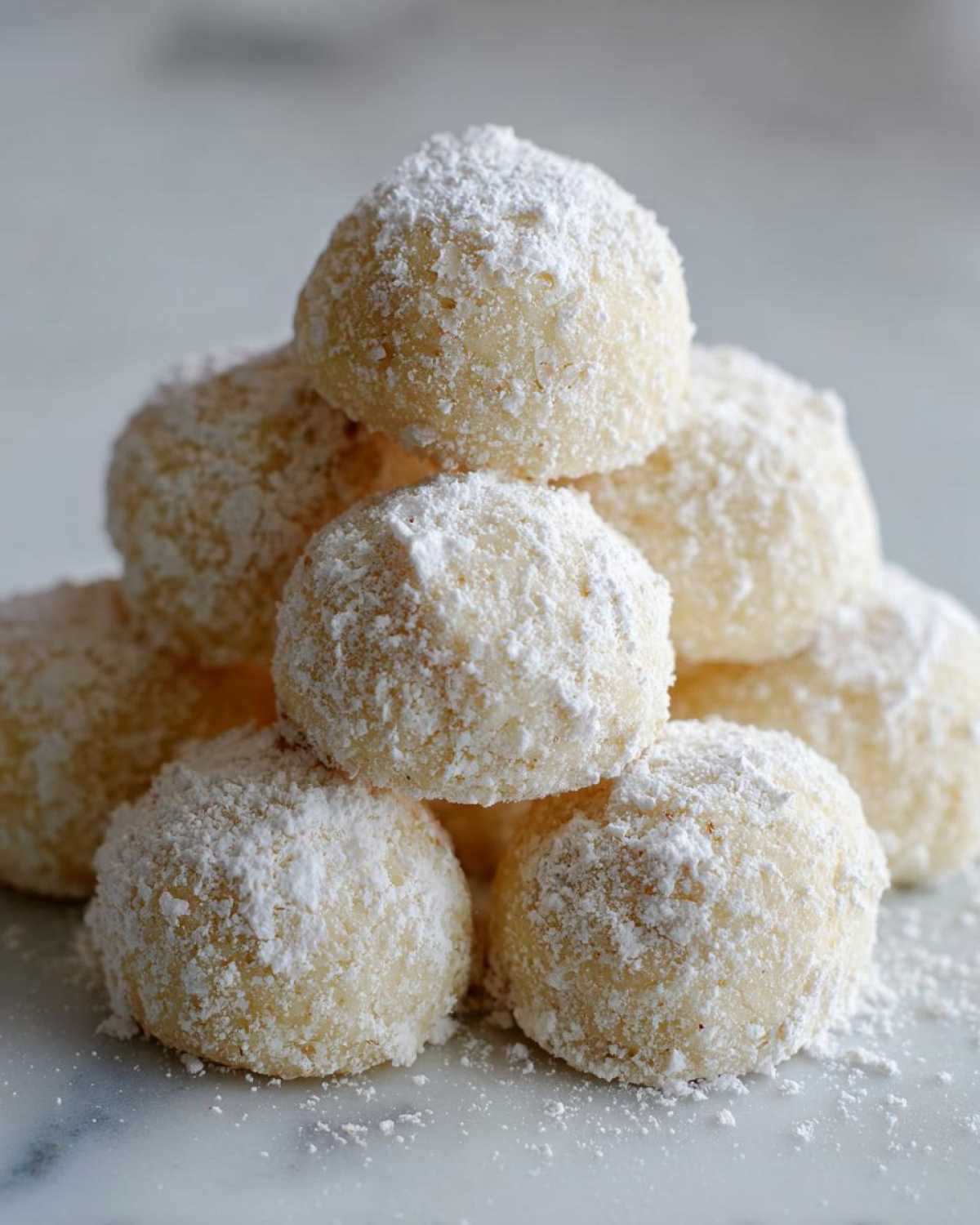 A stack of soft, round cool whip cookies heavily dusted with powdered sugar on a white marble surface.