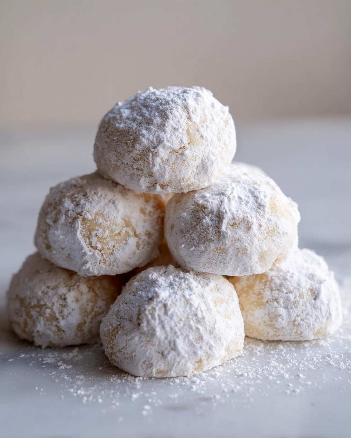 A stack of soft, round cool whip cookies heavily dusted with white powdered sugar on a marble surface.