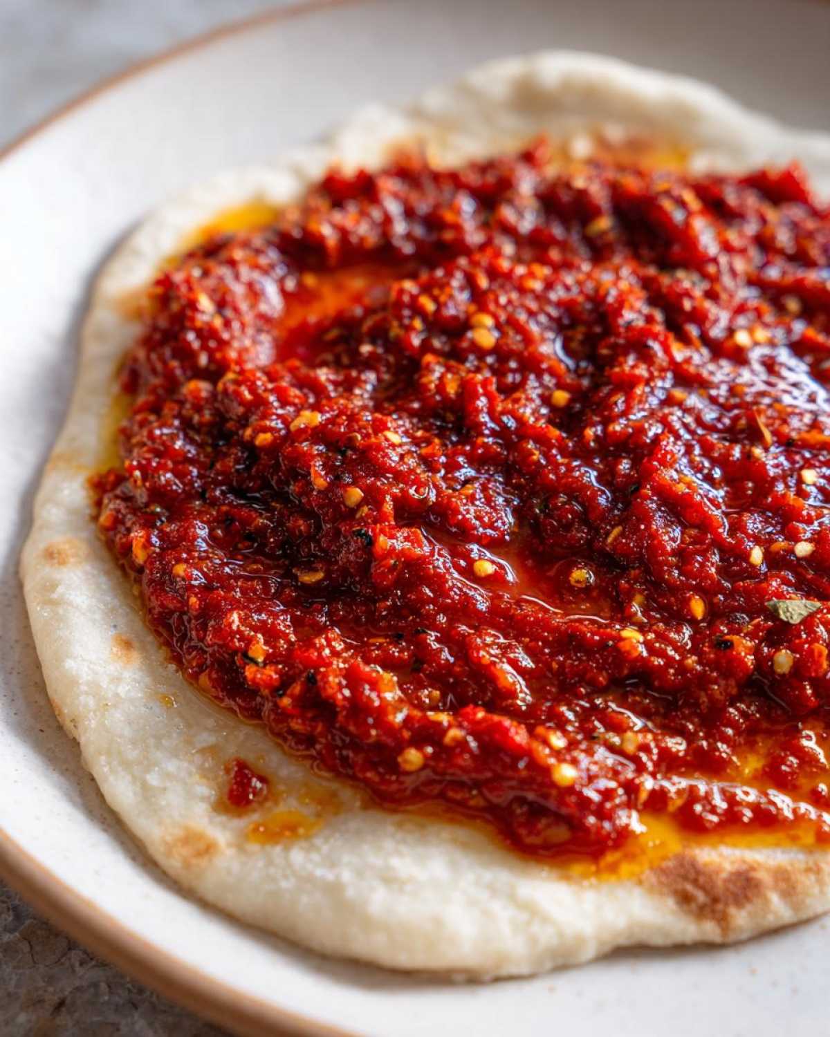 Close-up of thick, rich red pizza sauce, speckled with chili flakes, spread over a piece of soft flatbread.