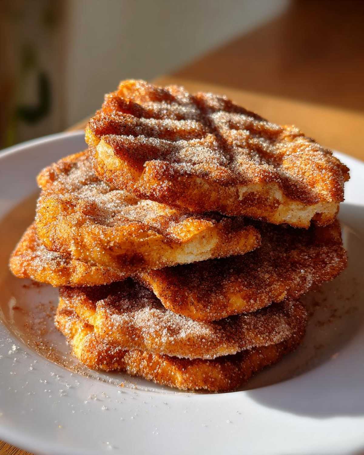A stack of four golden brown buñuelos generously coated in cinnamon sugar, resting on a white plate.