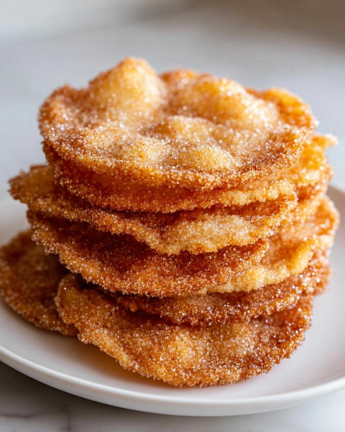 A tall stack of golden brown, crispy buñuelos generously coated in cinnamon sugar, resting on a white plate.
