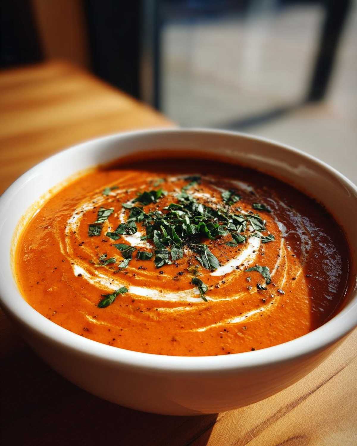 Close-up of a rich, orange tomato bisque in a white bowl, garnished with a cream swirl and fresh herbs.