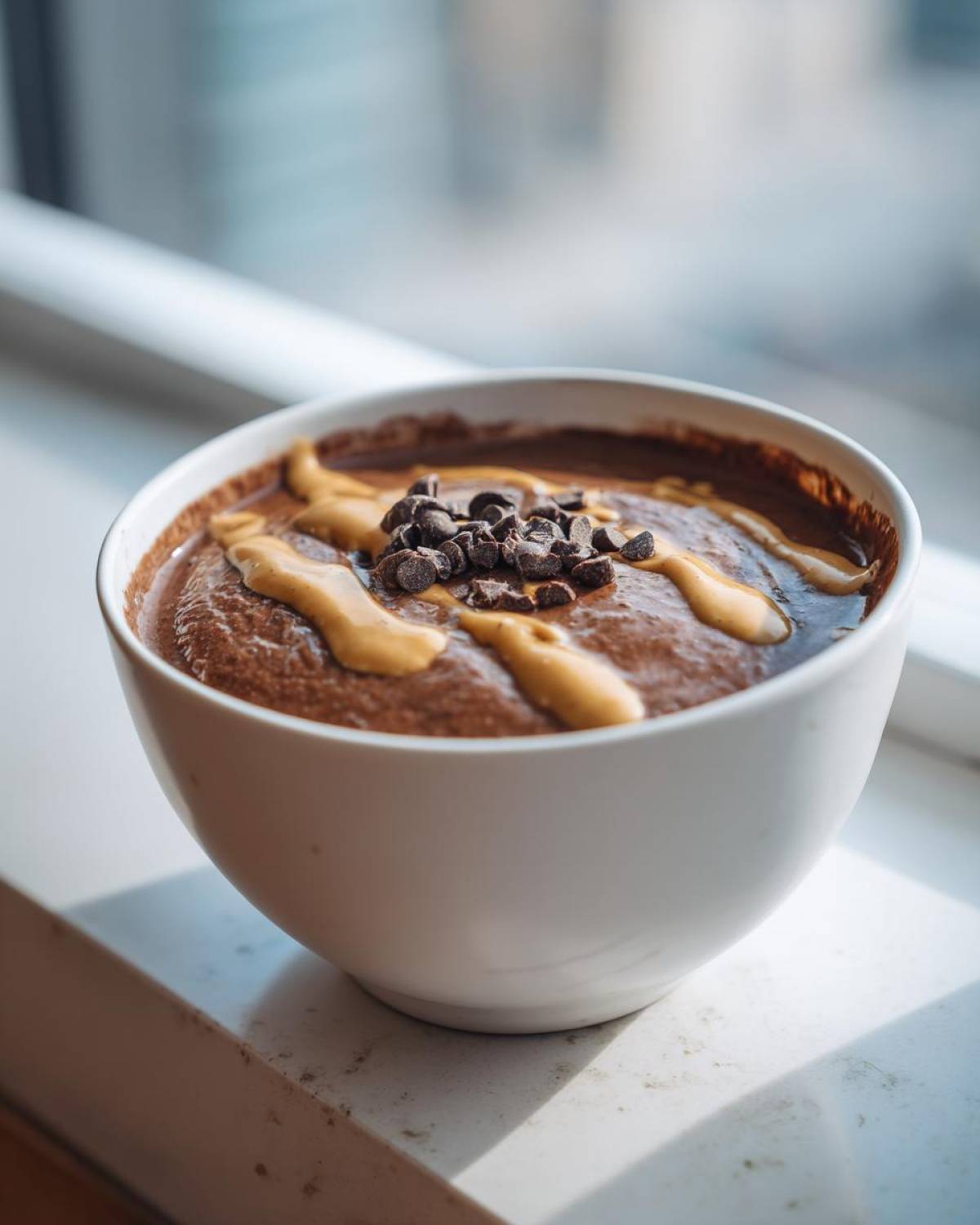 Close-up of a thick Vegan Chocolate Peanut Butter Banana Smoothie Bowl topped with peanut butter drizzle and chocolate chips.