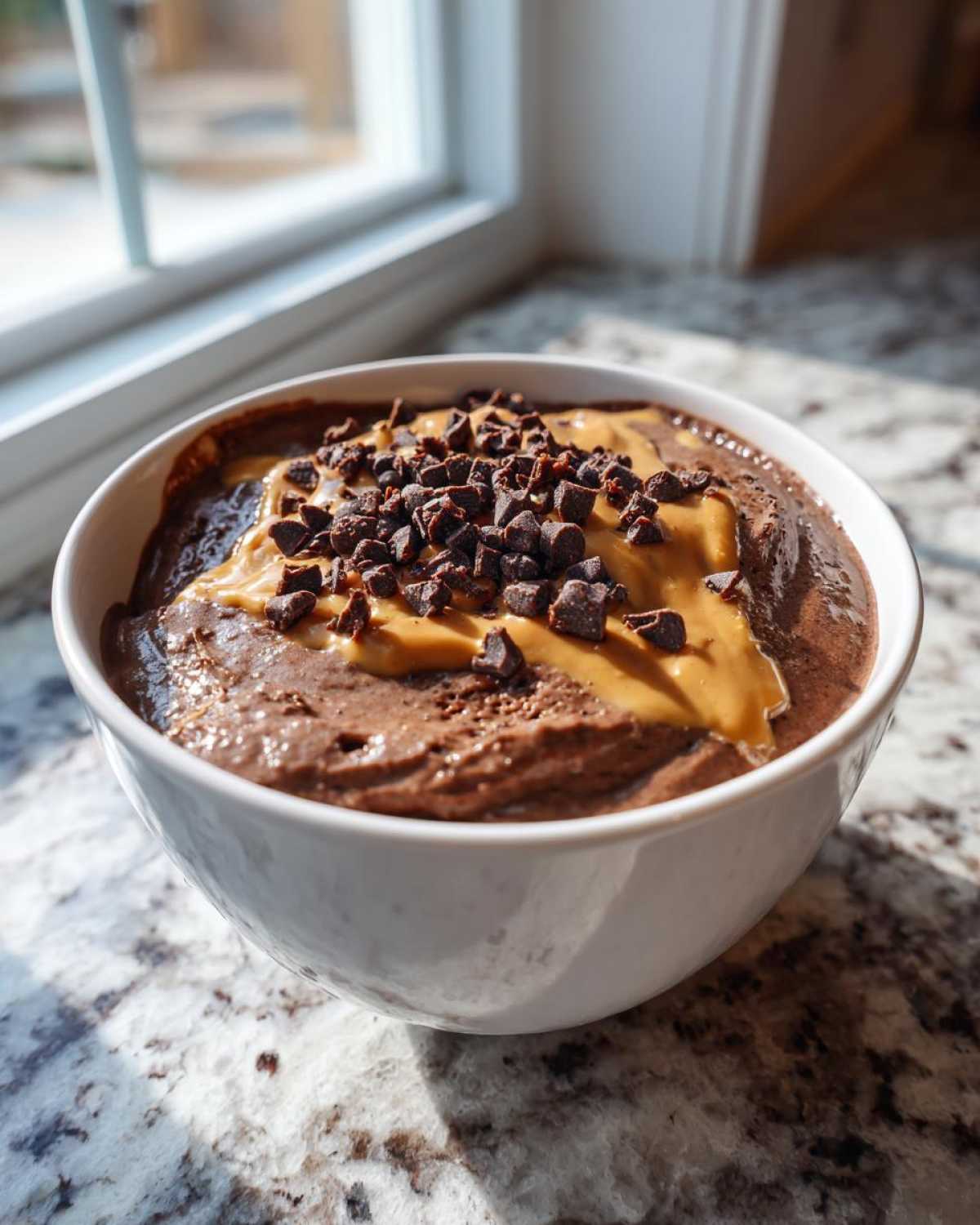 A thick Vegan Chocolate Peanut Butter Banana Smoothie Bowl topped with peanut butter swirl and chocolate chips.