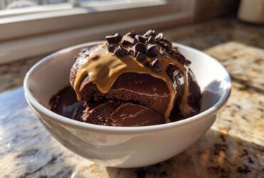 A scoop of thick Vegan Chocolate Peanut Butter Banana Smoothie Bowl topped with peanut butter drizzle and chocolate chips.