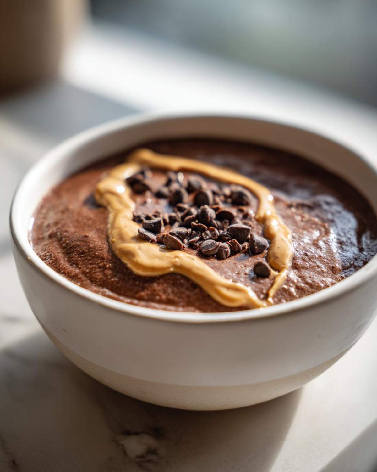Close-up of a thick Vegan Chocolate Peanut Butter Banana Smoothie Bowl topped with peanut butter swirl and chocolate chips.