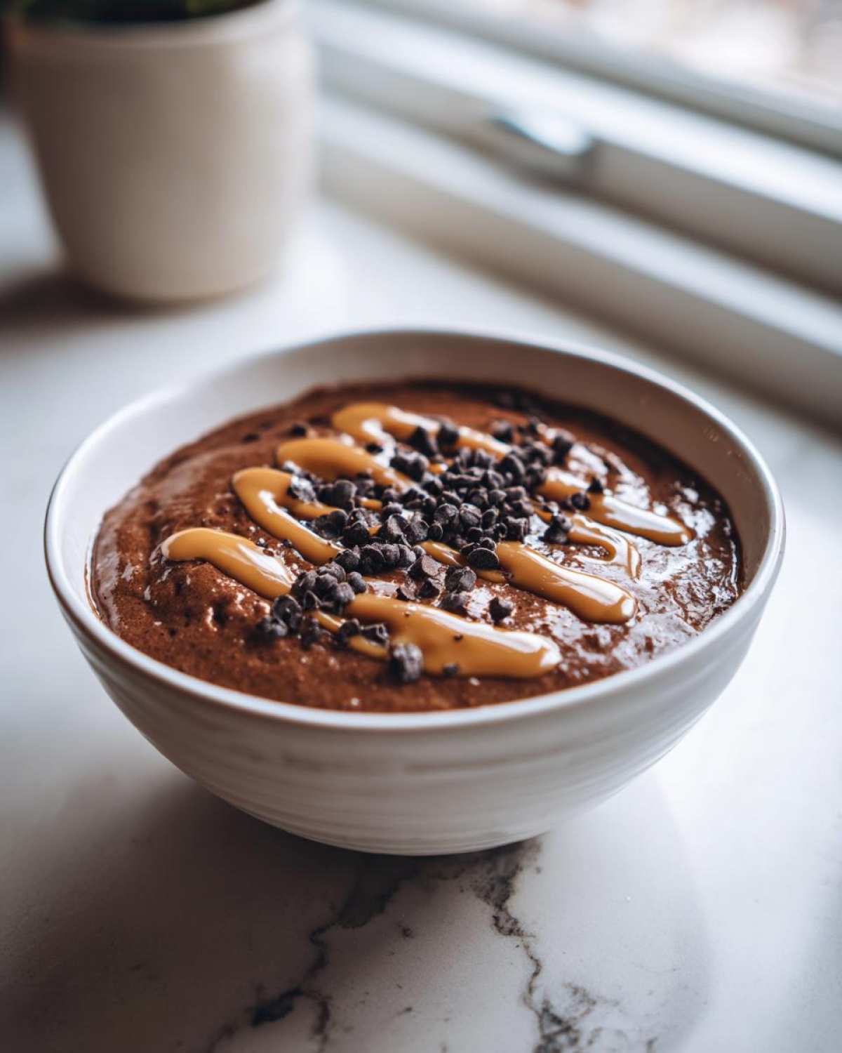A thick Vegan Chocolate Peanut Butter Banana Smoothie Bowl topped with peanut butter drizzle and mini chocolate chips.