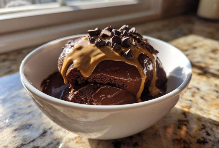 A scoop of thick Vegan Chocolate Peanut Butter Banana Smoothie Bowl topped with peanut butter drizzle and chocolate chips.
