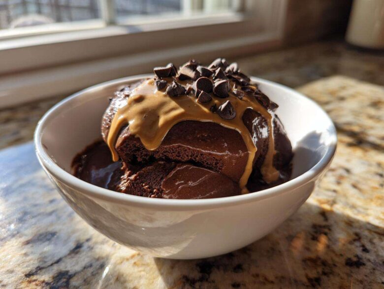 A scoop of thick Vegan Chocolate Peanut Butter Banana Smoothie Bowl topped with peanut butter drizzle and chocolate chips.