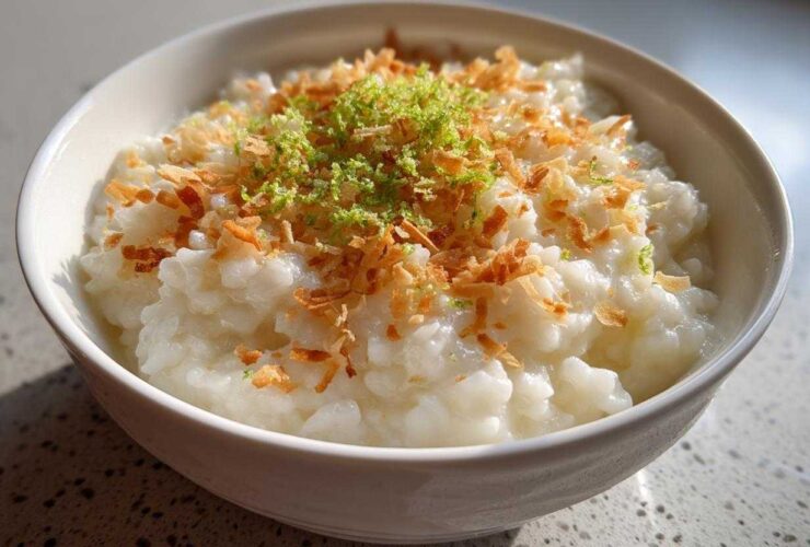 A close-up of creamy Vegan Creamy Coconut Rice Pudding topped with toasted coconut flakes and lime zest.
