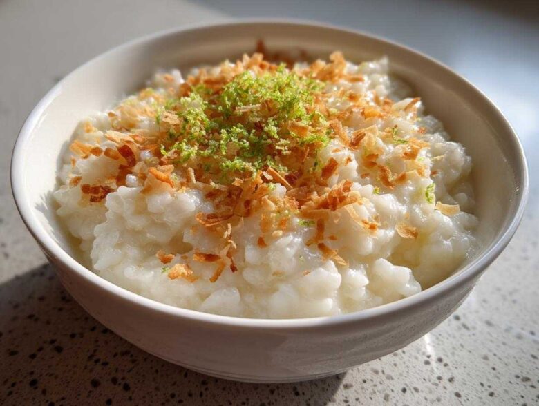 A close-up of creamy Vegan Creamy Coconut Rice Pudding topped with toasted coconut flakes and lime zest.