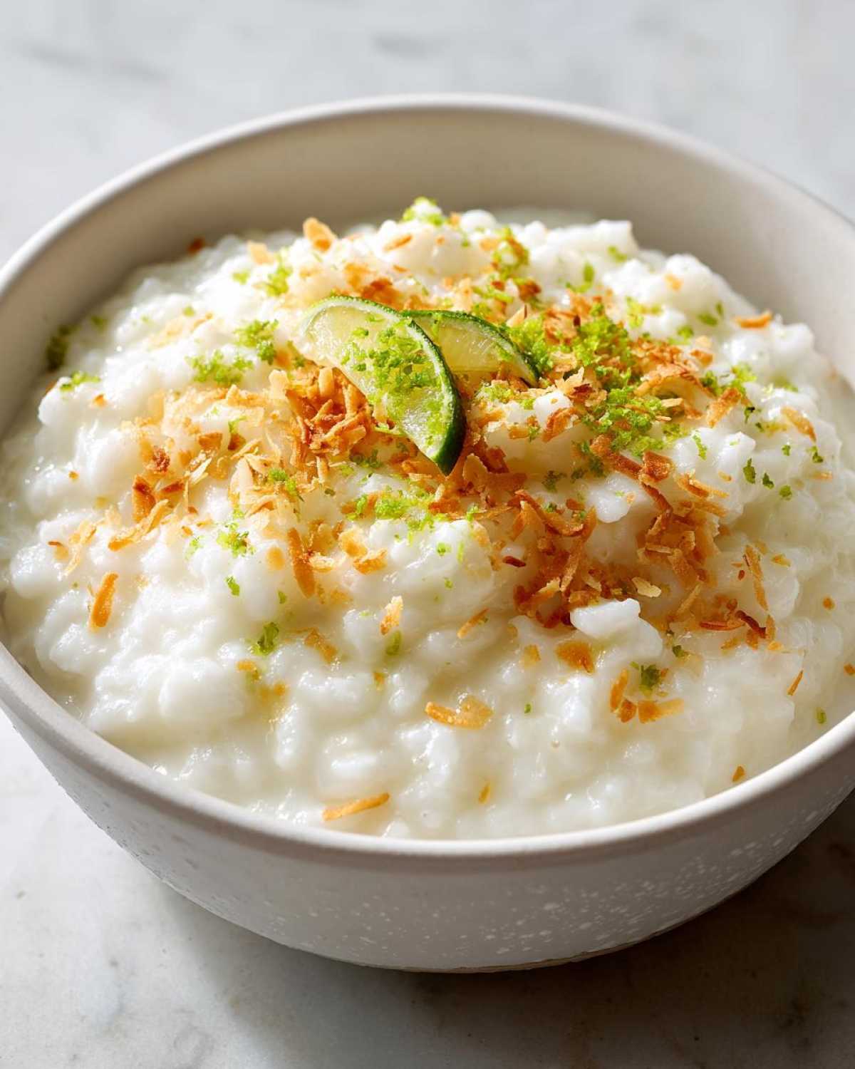 Close-up of creamy Vegan Creamy Coconut Rice Pudding topped with toasted coconut and lime slices.