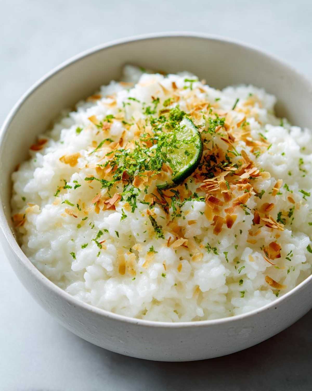 Close-up of Vegan Creamy Coconut Rice Pudding topped with toasted coconut flakes, lime zest, and a lime wedge.