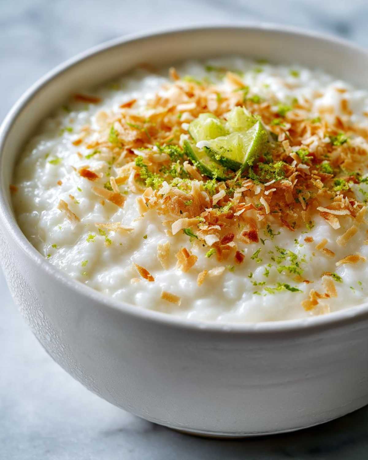 Close-up of creamy Vegan Creamy Coconut Rice Pudding topped with toasted coconut and lime wedges.
