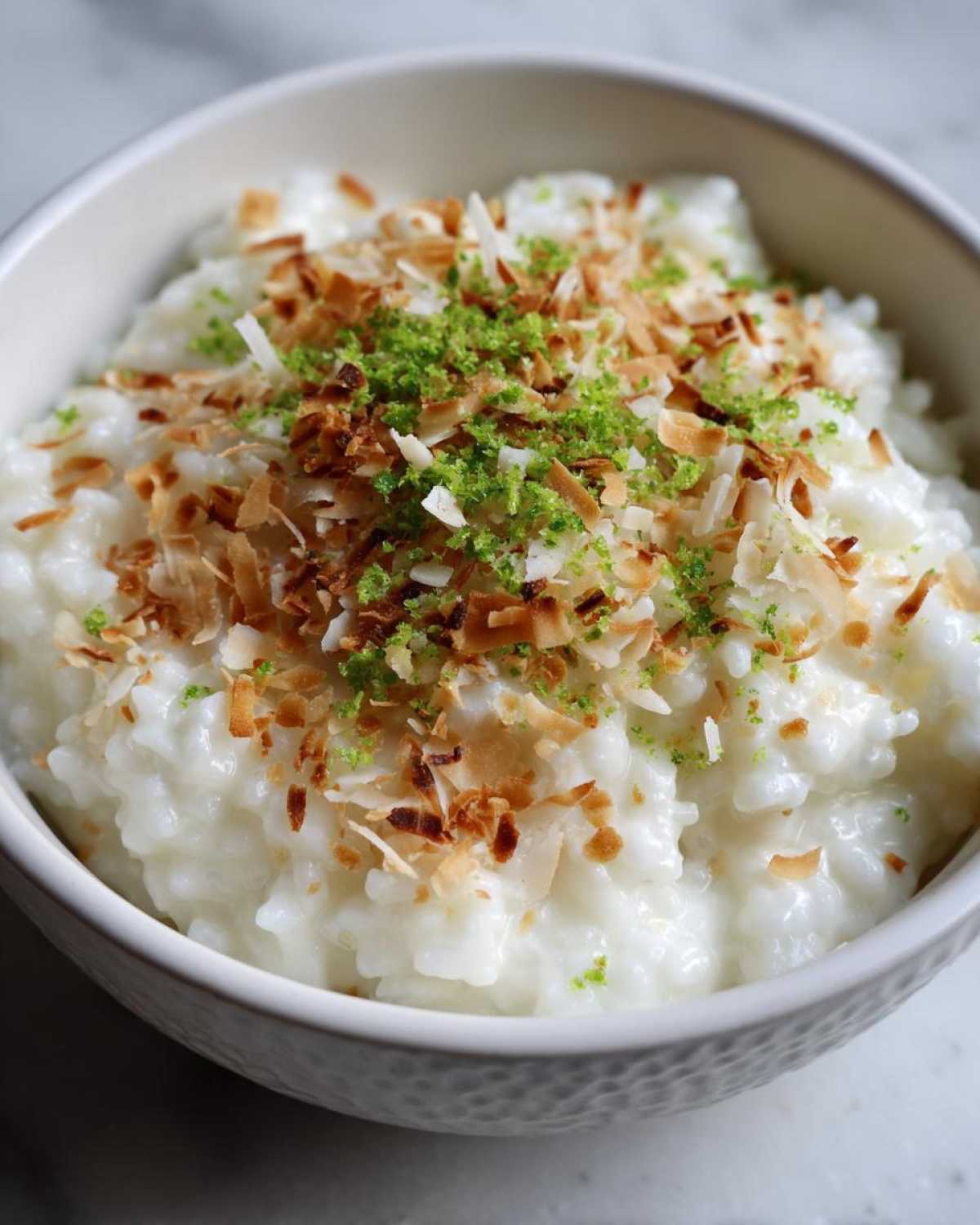 Close-up of Vegan Creamy Coconut Rice Pudding topped with toasted coconut flakes and bright green lime zest.