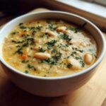 A close-up of a bowl of Vegan Creamy Lemon Garlic White Bean Soup, topped with fresh parsley.
