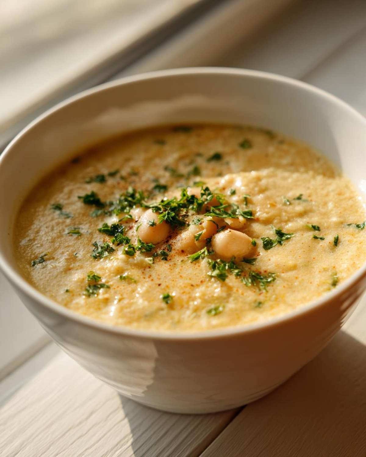 Close-up of a bowl of Vegan Creamy Lemon Garlic White Bean Soup garnished with whole beans and parsley.