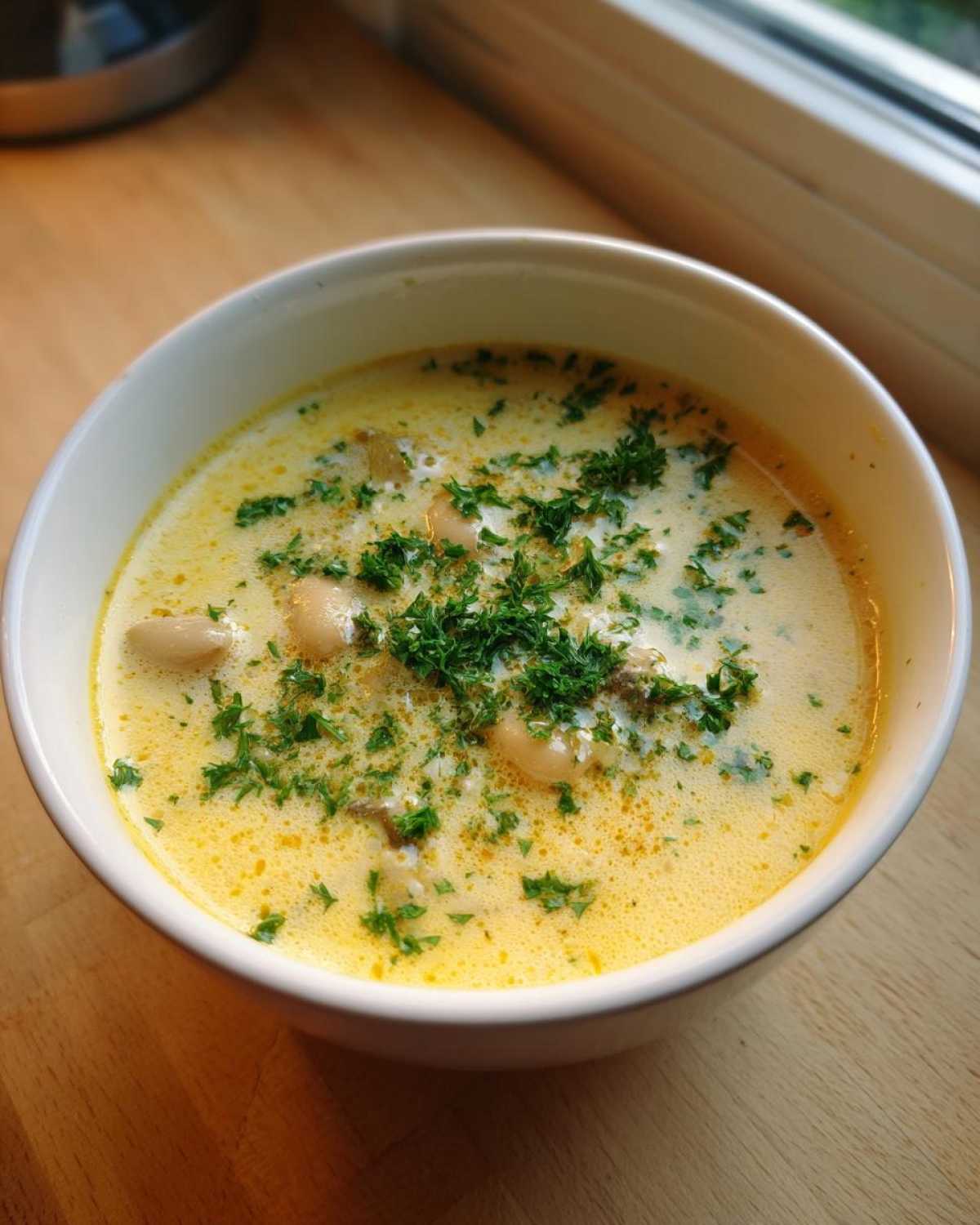 A close-up of a bowl of Vegan Creamy Lemon Garlic White Bean Soup, topped with fresh parsley.