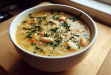 A close-up of a bowl of Vegan Creamy Lemon Garlic White Bean Soup, topped with fresh parsley.